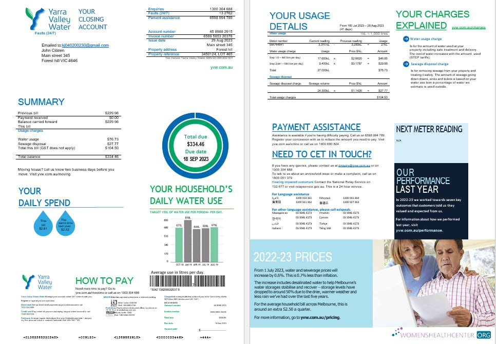 download Melbourne Yarra Valley Water water utility bill Word and PDF formats, 2 pages PDF template
